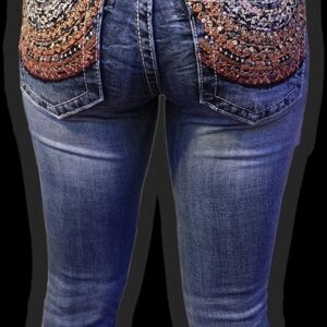 Miss Me Skinny Jeans Blue and Brown with Rhinestone Details